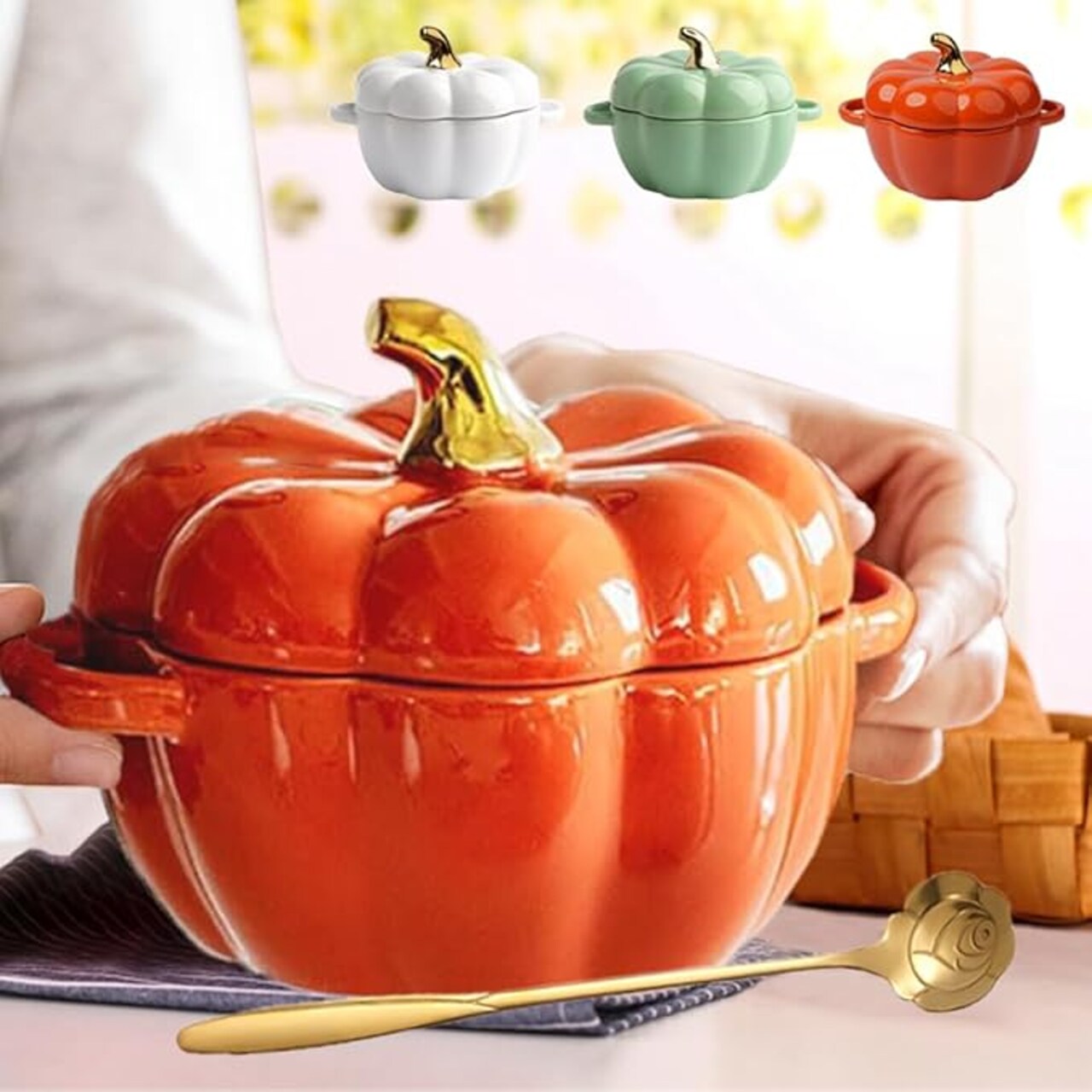 Fall Pumpkin Ceramic Bowl with Lid, 15 oz Microwave and Dishwasher Safe Pumpkin Soup Bowl with Handle, Pumpkin Decor Storage Jar for Home Thanksgiving Halloween Party, Pumpkin Dish, and Halloween (Orange)